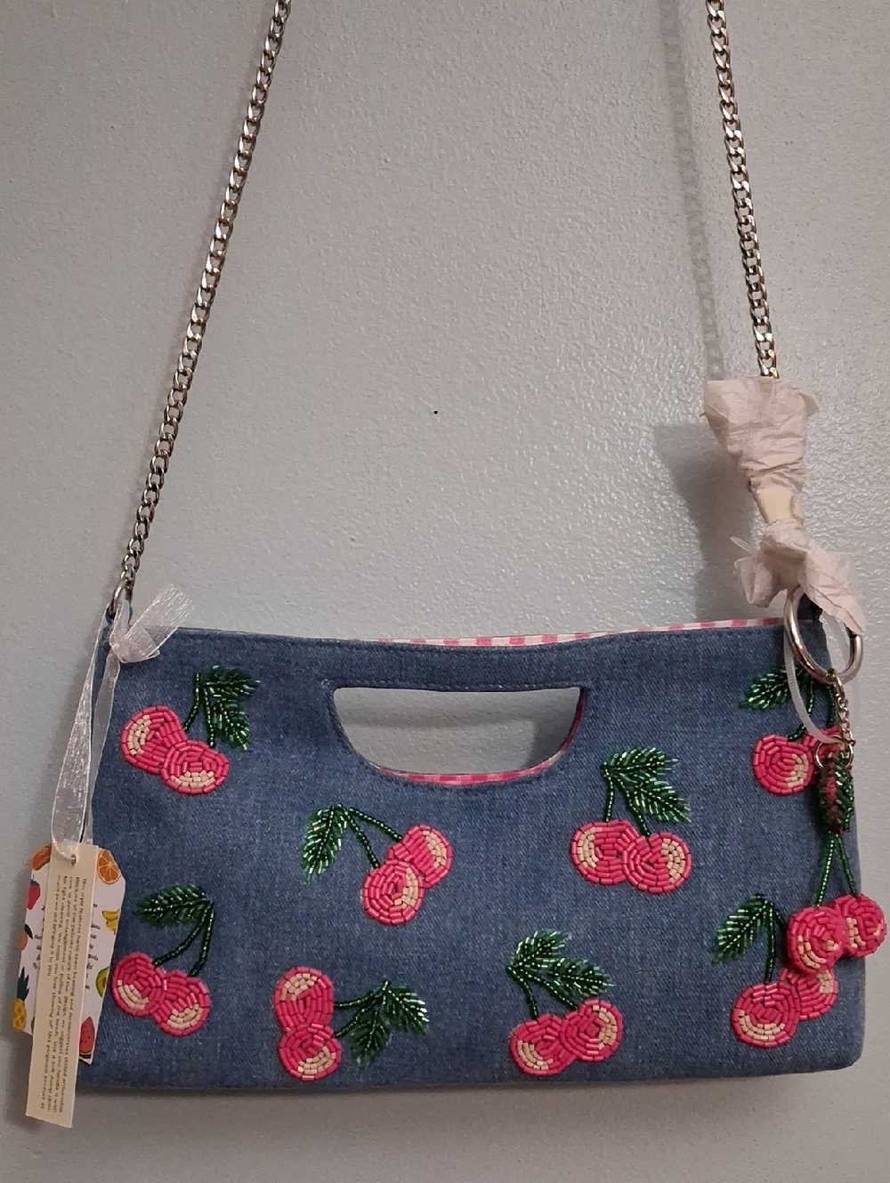 Made In India Cherry Beaded Denim Clutch Shoudler Bag With Chain 100% Cotton.